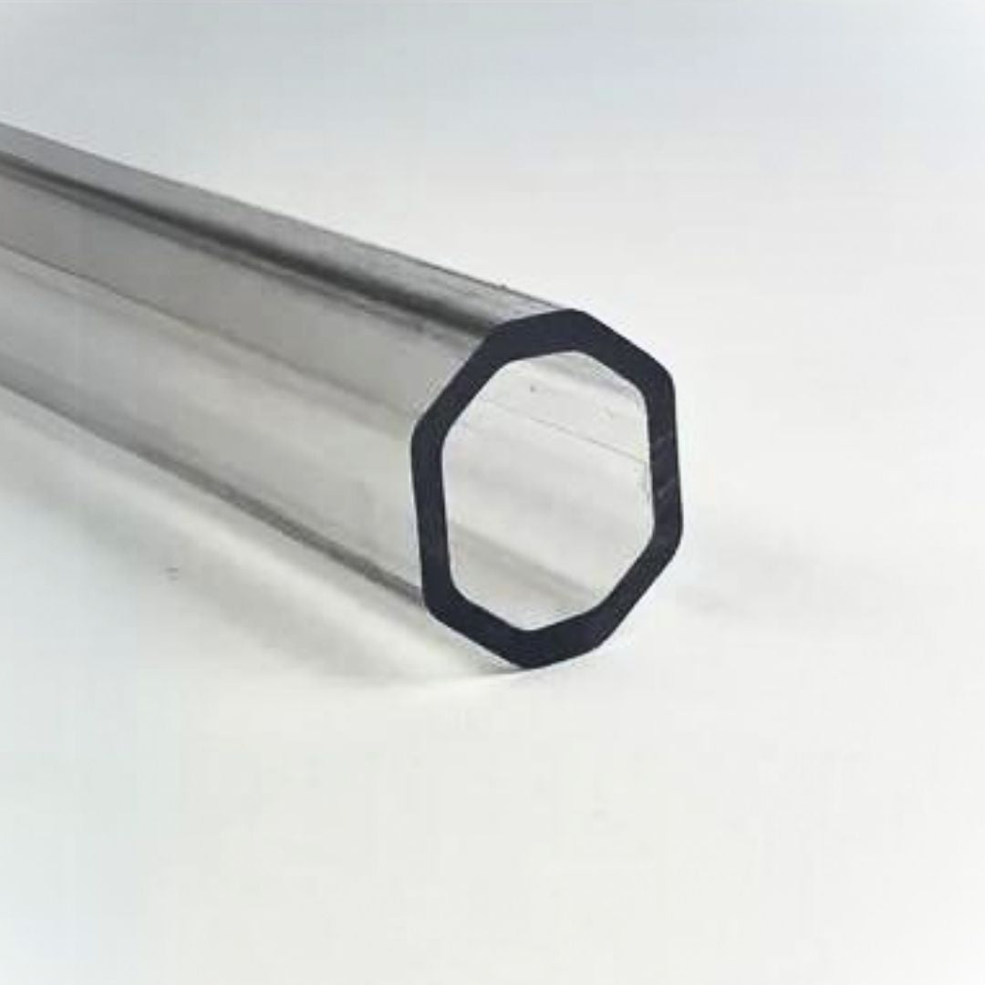 Clear polycarbonate 5LAX lacrosse shaft, close-up of the octagonal end showing the see-through walls