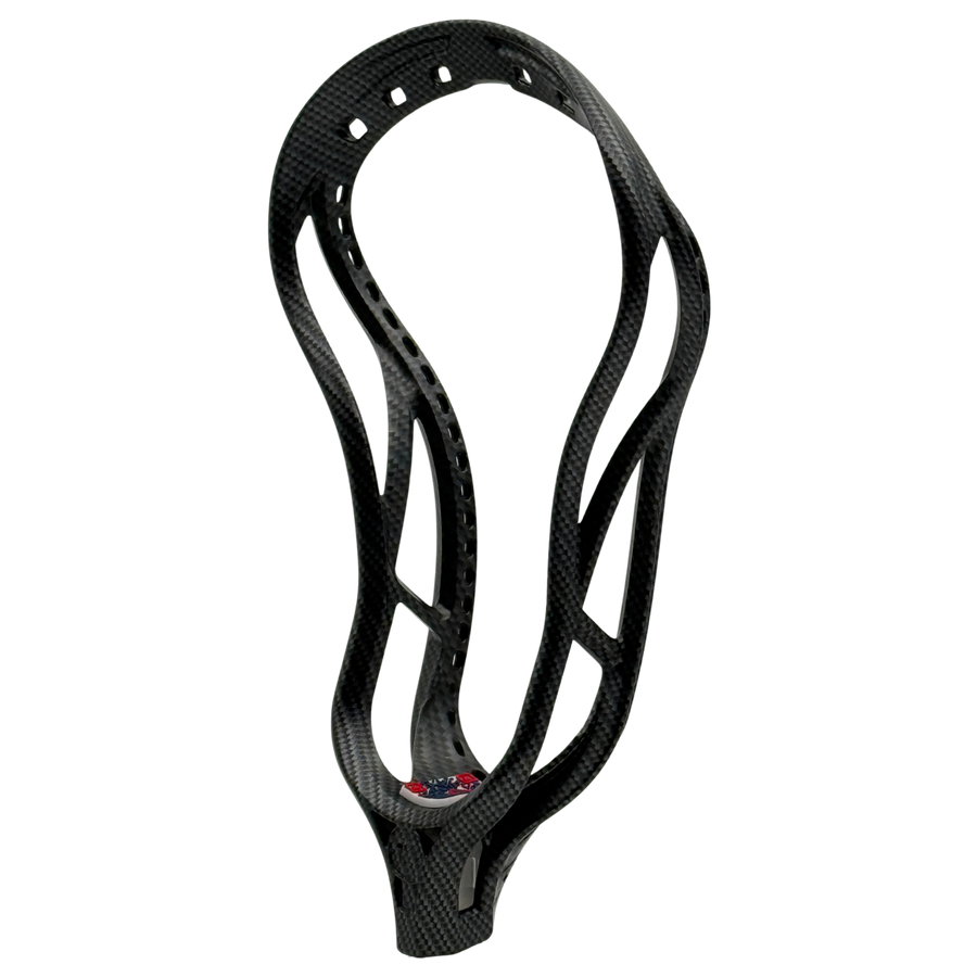 5LAX RC1 INK lacrosse head in Carbon, three-quarter view of the premium carbon-look finish