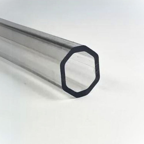 Clear polycarbonate 5LAX lacrosse shaft, close-up of the octagonal end showing the see-through walls