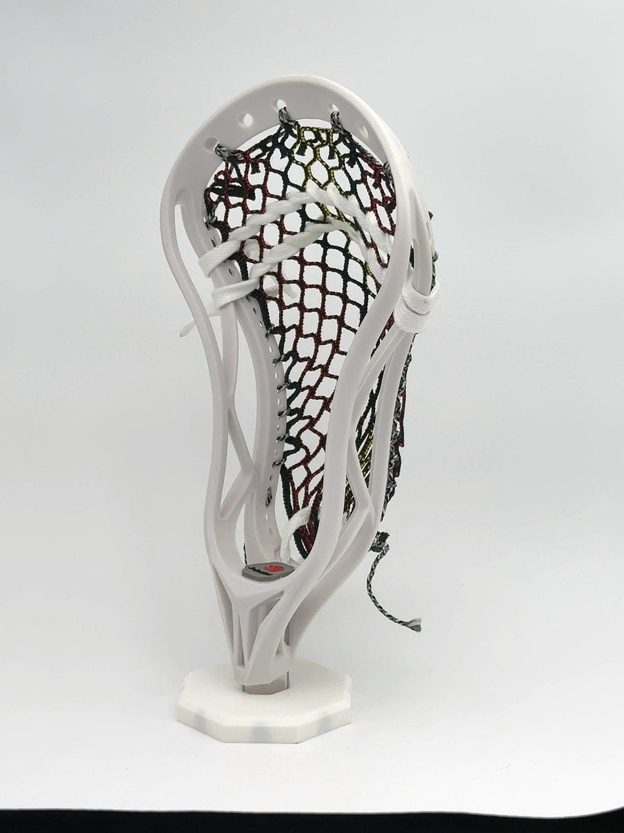 Jimalax Head — White w/ Black/Red/Yellow Mesh, Strung (OO-0008) — 3/4 view