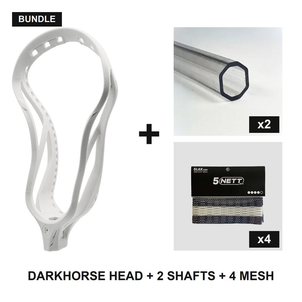 5LAX Darkhorse Complete Pack: Darkhorse lacrosse head, two flexible polycarbonate shafts, four NETT mesh pieces