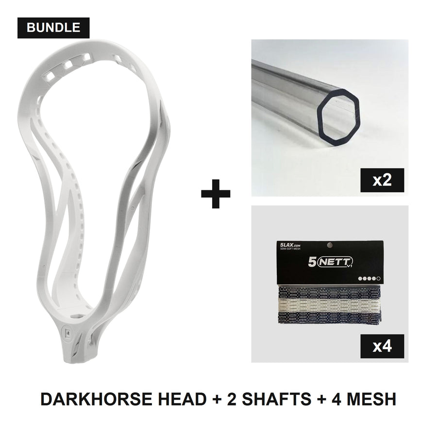 5LAX Darkhorse Complete Pack: Darkhorse lacrosse head, two flexible polycarbonate shafts, four NETT mesh pieces