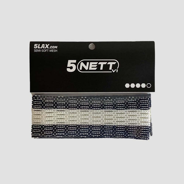 5LAX NETT semi-soft lacrosse mesh in retail packaging, black two-tone with a white center channel