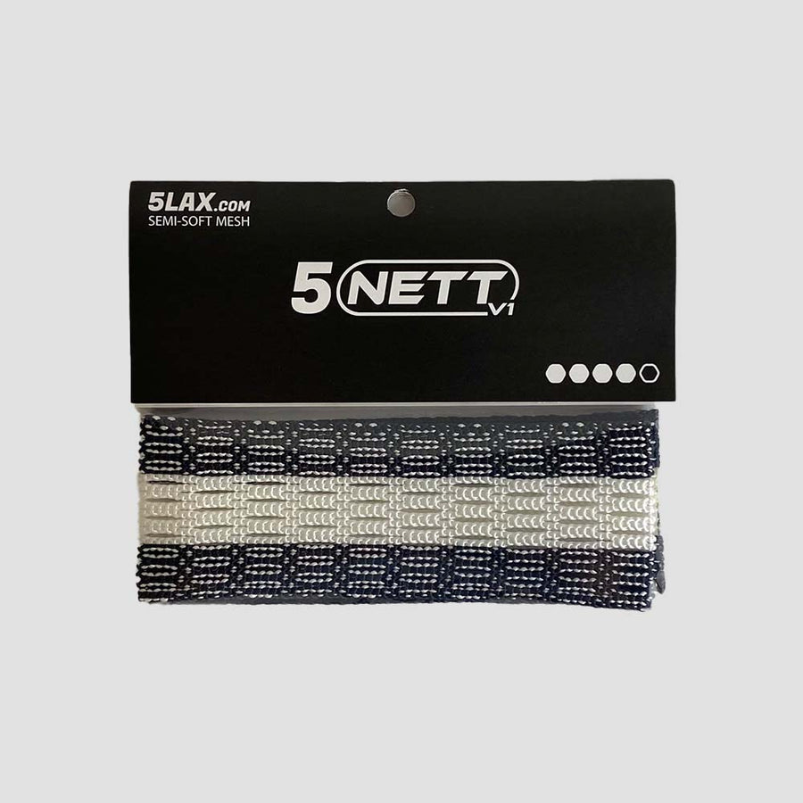 5LAX NETT semi-soft lacrosse mesh in retail packaging, black two-tone with a white center channel
